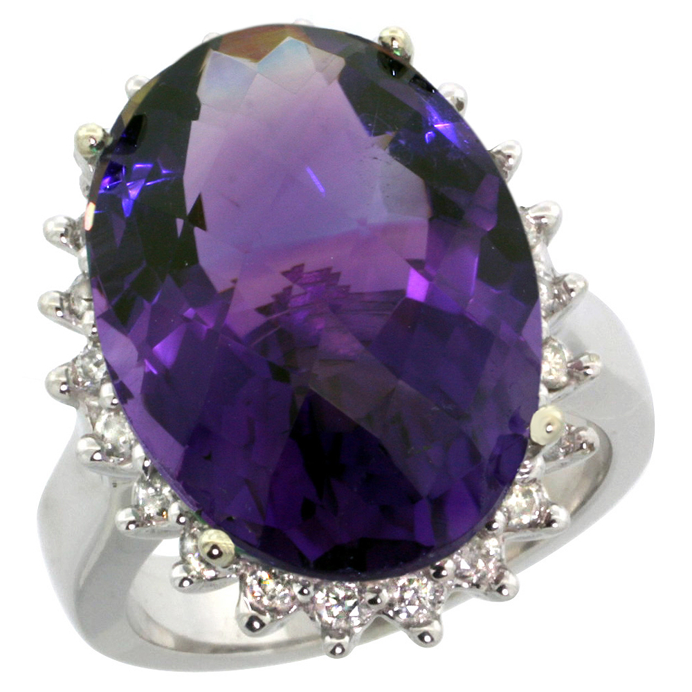 10k White Gold Diamond Halo Natural Amethyst Ring Large Oval 18x13mm, sizes 5-10