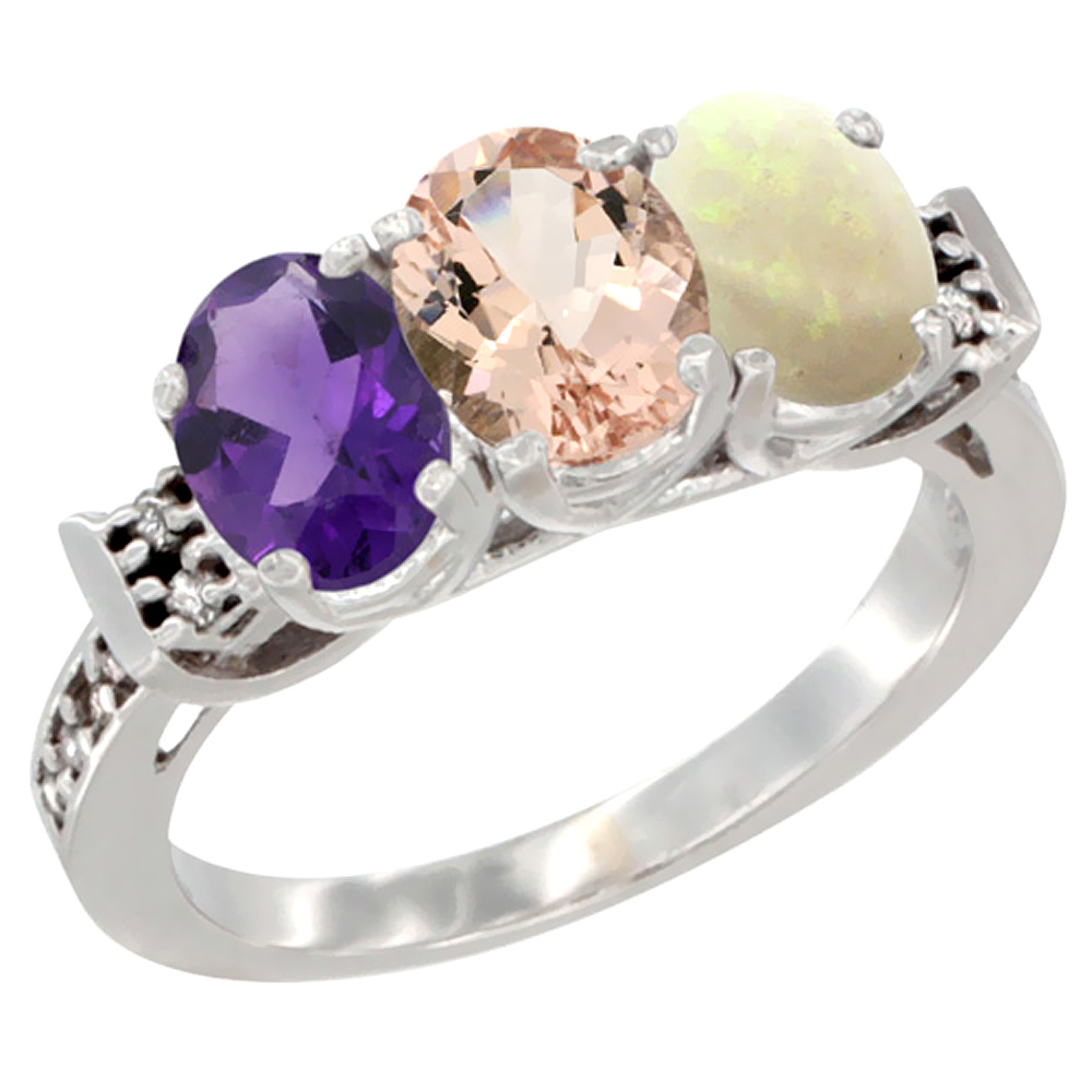 10K White Gold Natural Amethyst, Morganite & Opal Ring 3-Stone Oval 7x5 mm Diamond Accent, sizes 5 - 10