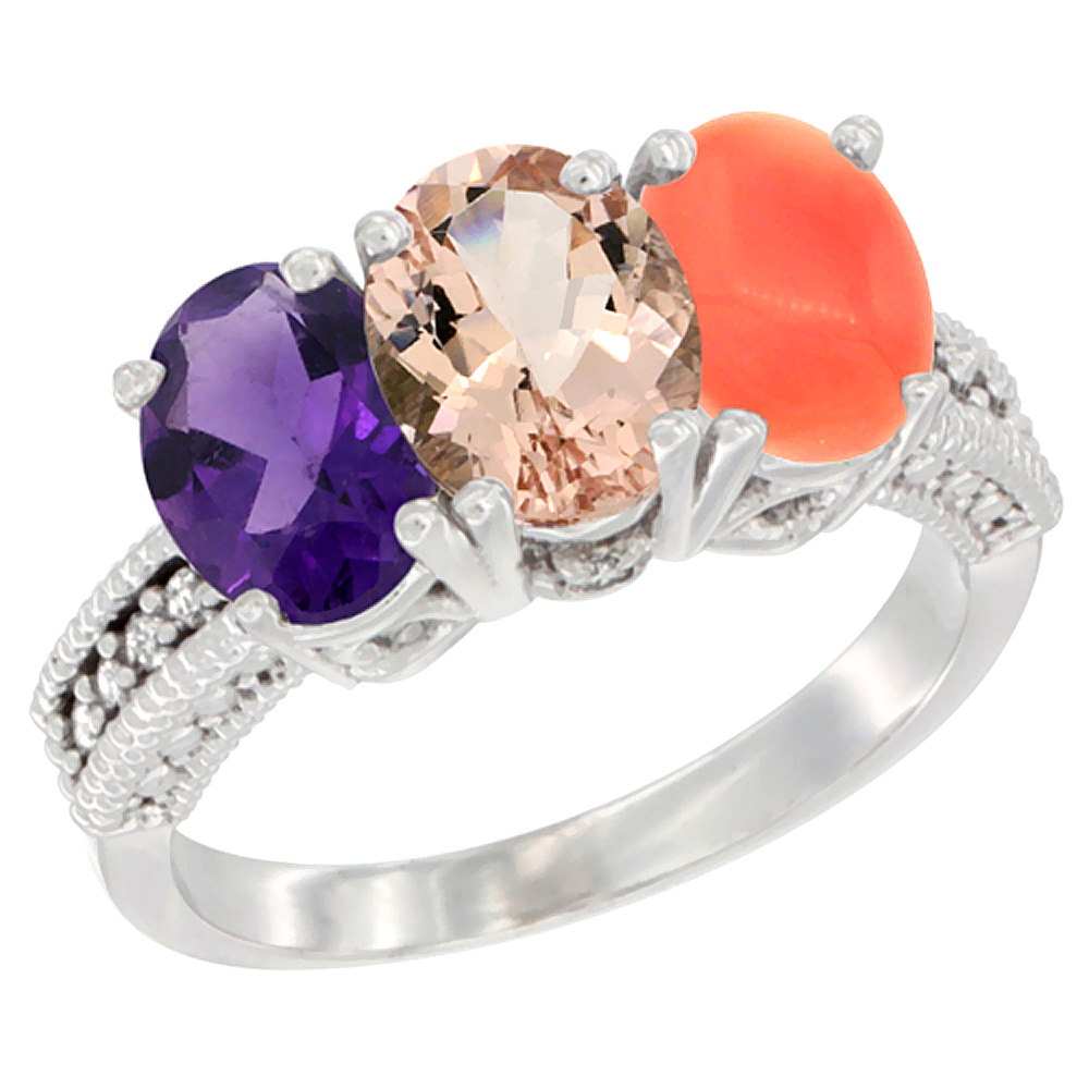 14K White Gold Natural Amethyst, Morganite &amp; Coral Ring 3-Stone 7x5 mm Oval Diamond Accent, sizes 5 - 10