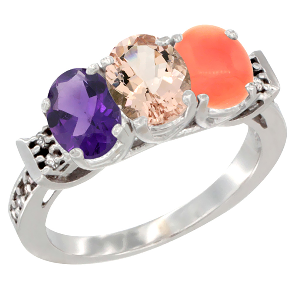 10K White Gold Natural Amethyst, Morganite & Coral Ring 3-Stone Oval 7x5 mm Diamond Accent, sizes 5 - 10