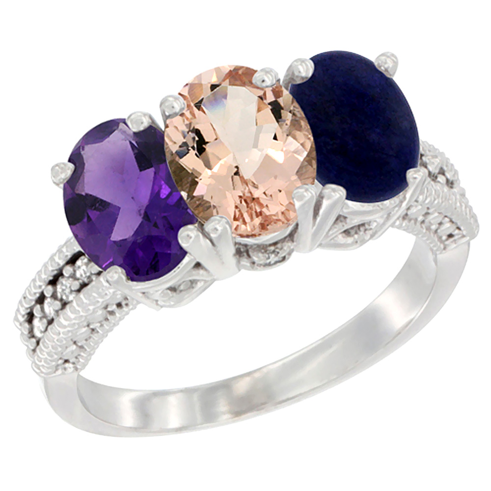 10K White Gold Natural Amethyst, Morganite & Lapis Ring 3-Stone Oval 7x5 mm Diamond Accent, sizes 5 - 10
