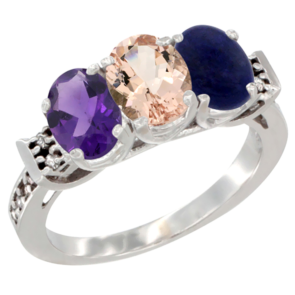 10K White Gold Natural Amethyst, Morganite &amp; Lapis Ring 3-Stone Oval 7x5 mm Diamond Accent, sizes 5 - 10