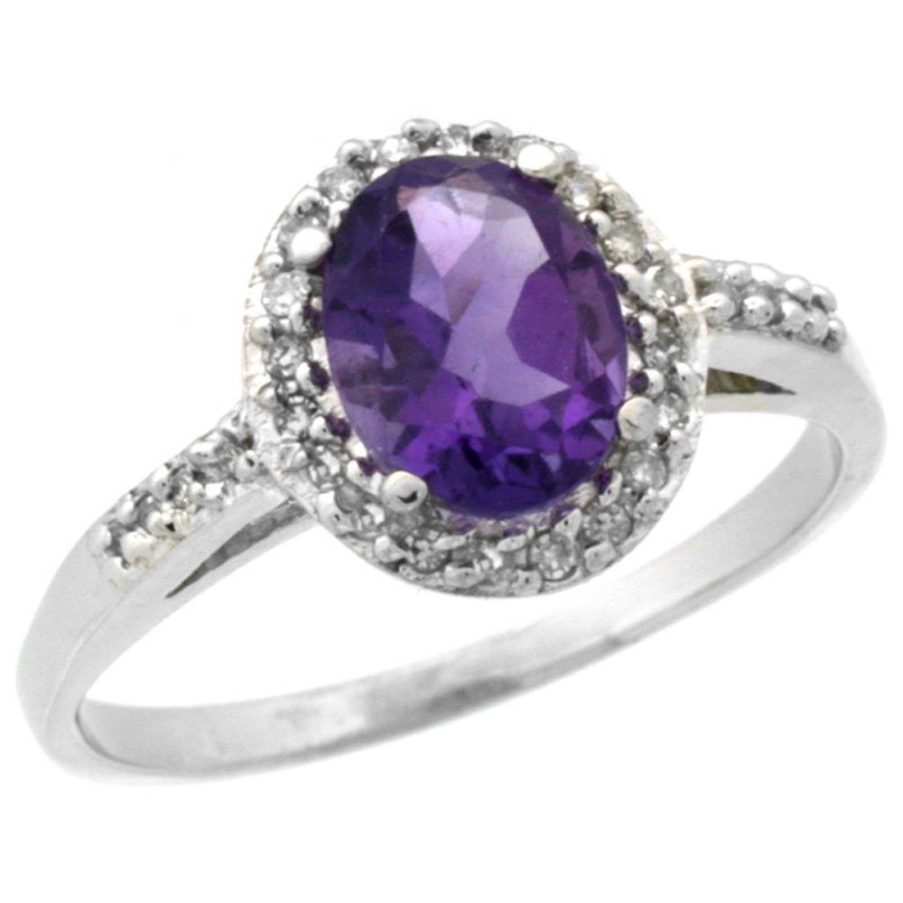 14K White Gold Diamond Natural Amethyst Ring Oval 8x6mm, sizes 5-10