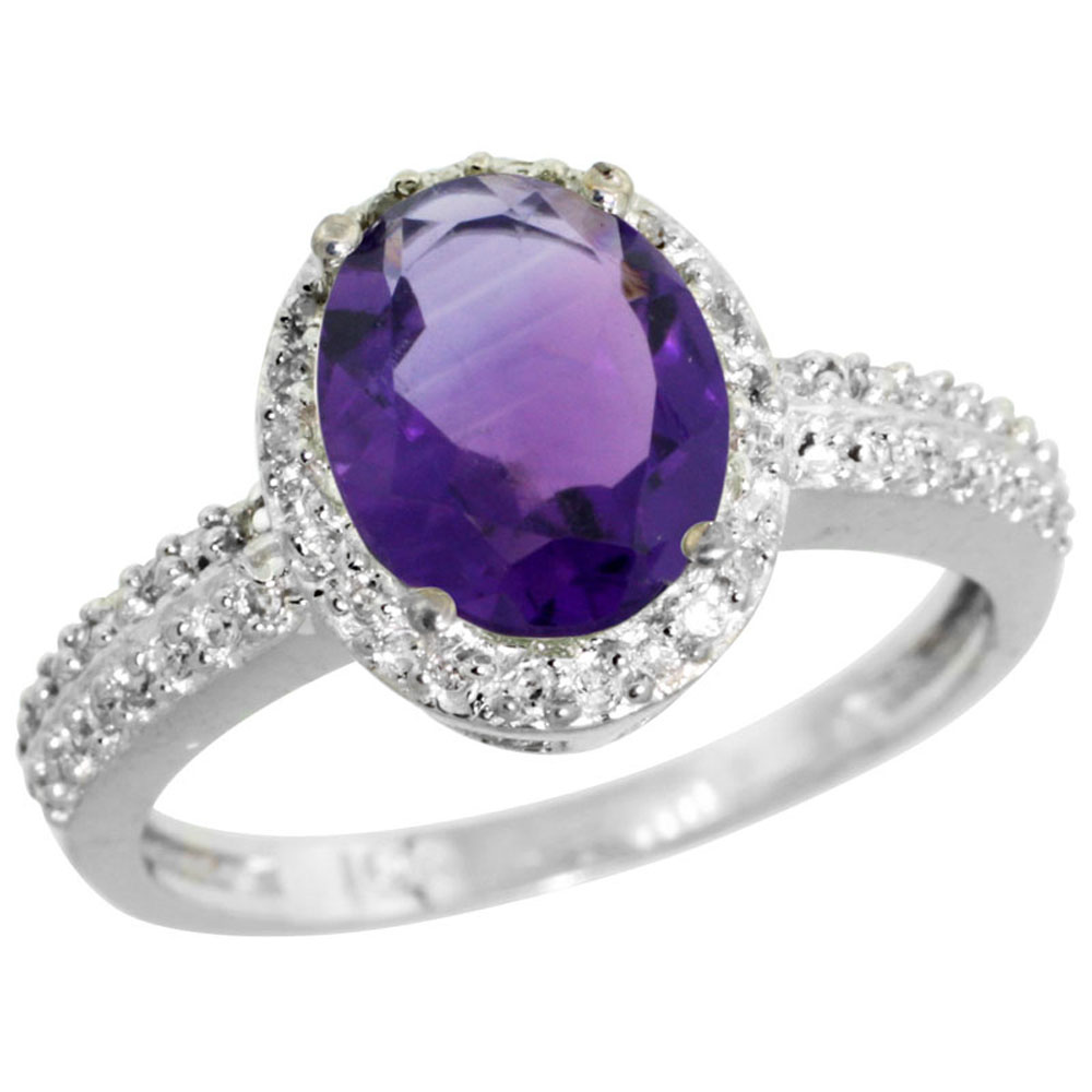 14K White Gold Diamond Natural Amethyst Ring Oval 9x7mm, sizes 5-10
