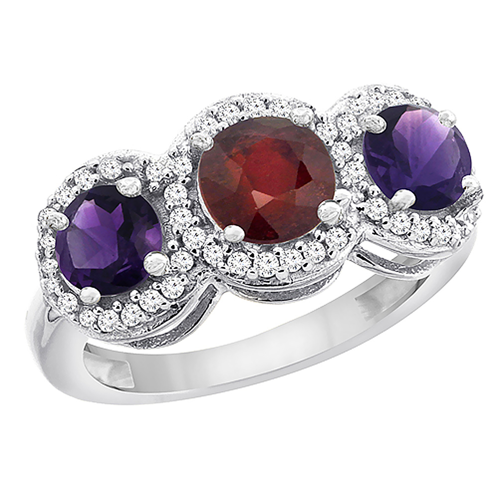 14K White Gold Enhanced Ruby & Amethyst Sides Round 3-stone Ring Diamond Accents, sizes 5 - 10