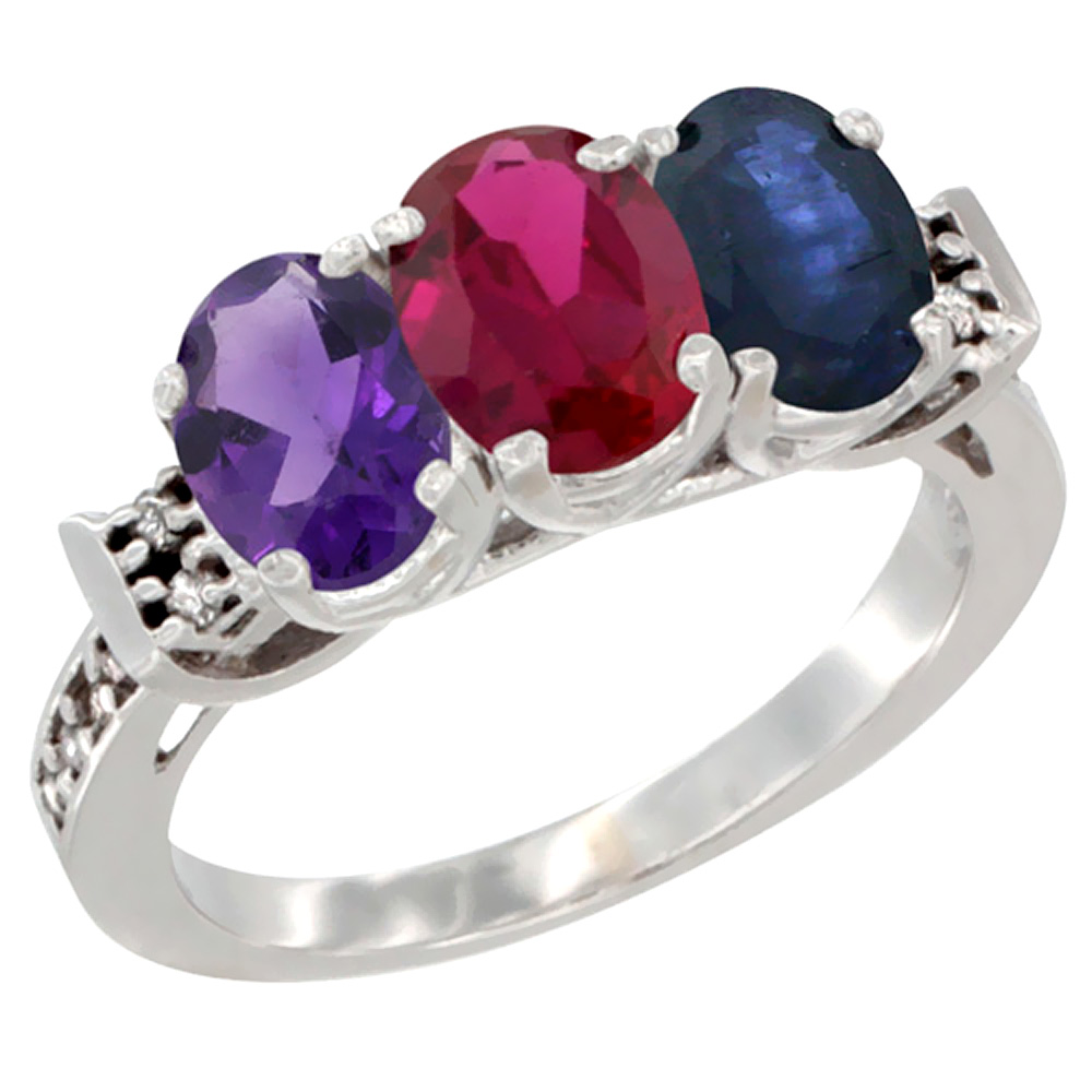 14K White Gold Natural Amethyst, Enhanced Ruby & Natural Blue Sapphire Ring 3-Stone 7x5 mm Oval Diamond Accent, sizes 5 - 10
