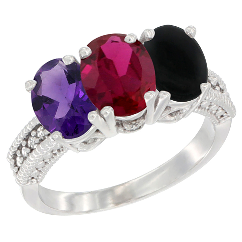 14K White Gold Natural Amethyst, Enhanced Ruby & Natural Black Onyx Ring 3-Stone 7x5 mm Oval Diamond Accent, sizes 5 - 10