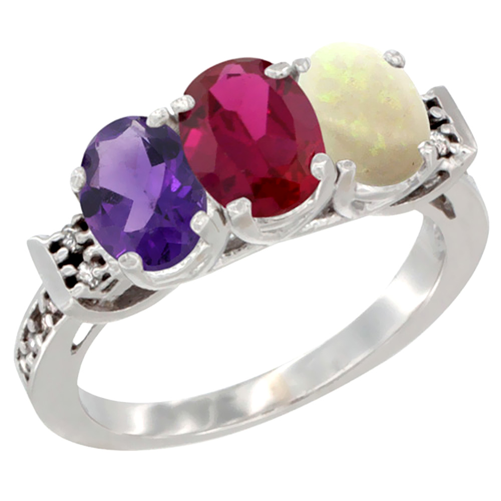 10K White Gold Natural Amethyst, Enhanced Ruby & Natural Opal Ring 3-Stone Oval 7x5 mm Diamond Accent, sizes 5 - 10