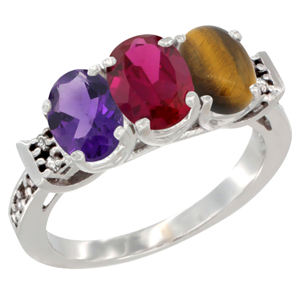 14K White Gold Natural Amethyst, Enhanced Ruby & Natural Tiger Eye Ring 3-Stone 7x5 mm Oval Diamond Accent, sizes 5 - 10