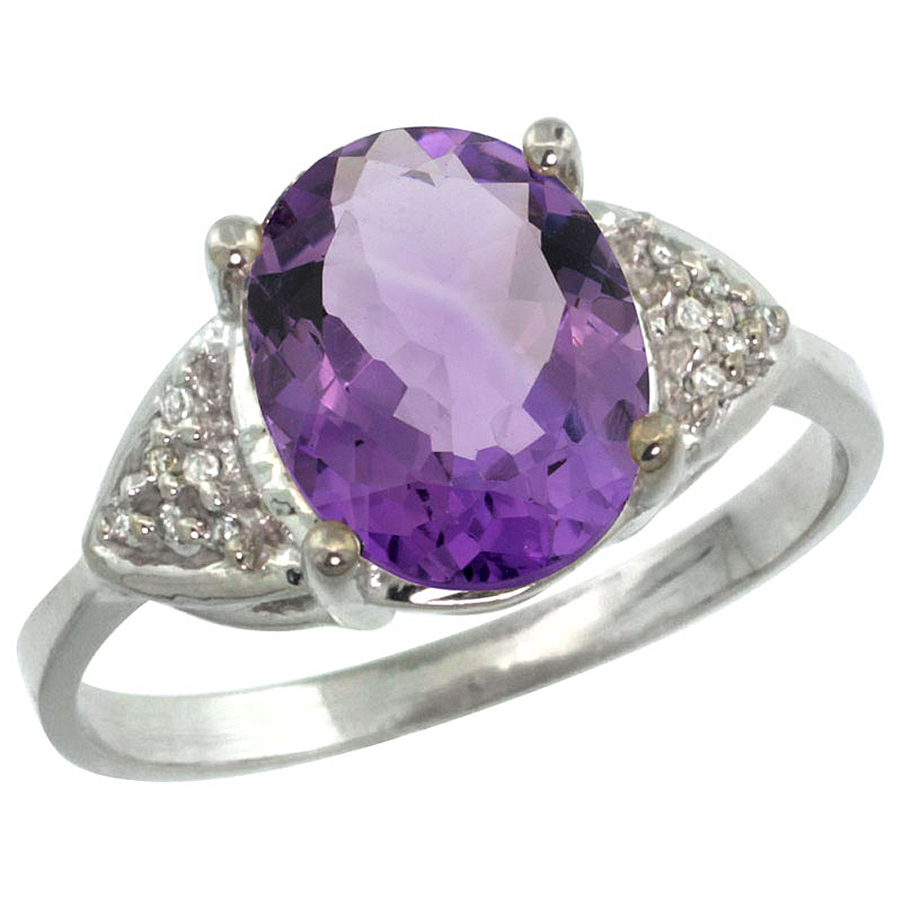 14k White Gold Diamond Natural Amethyst Engagement Ring Oval 10x8mm, sizes 5-10