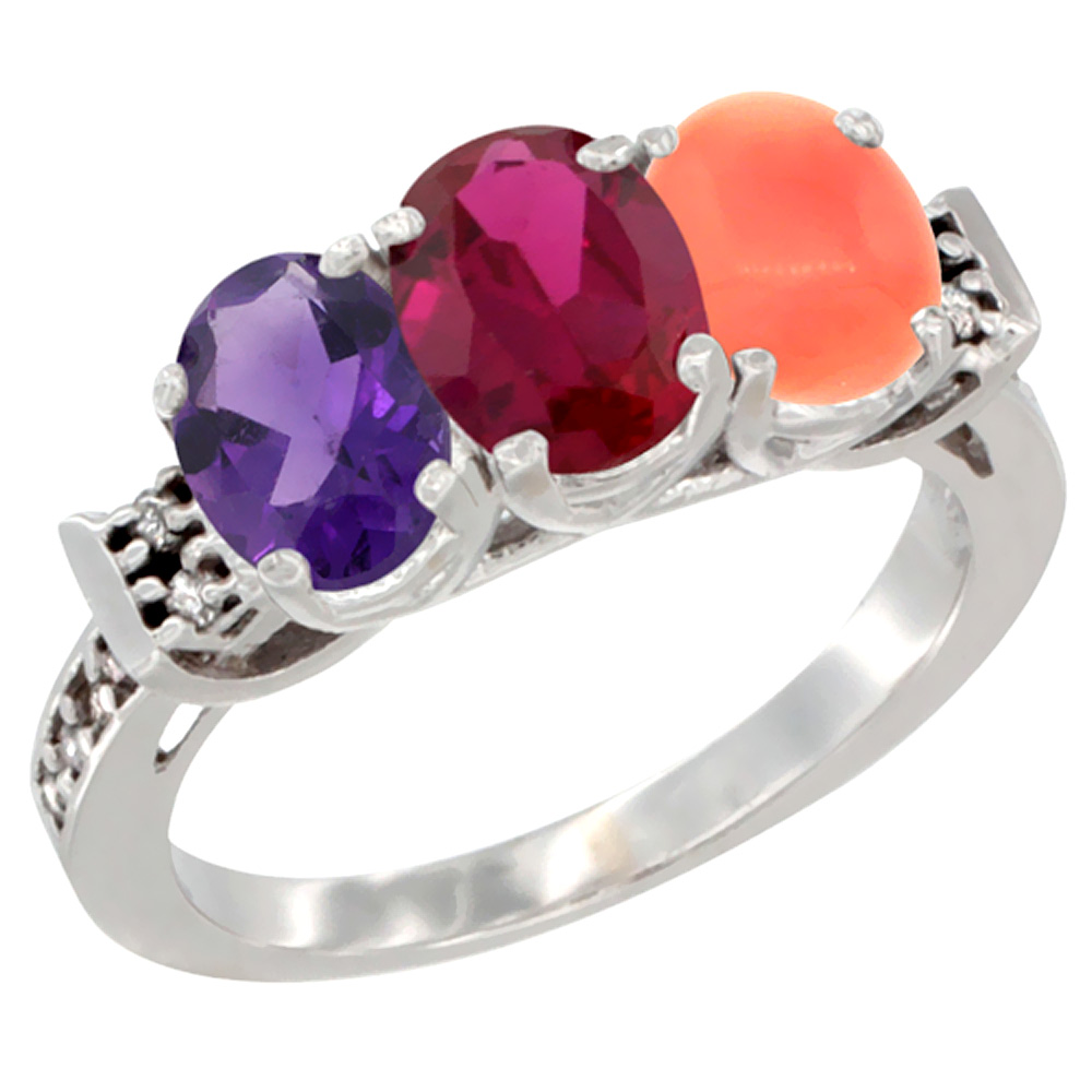 14K White Gold Natural Amethyst, Enhanced Ruby &amp; Natural Coral Ring 3-Stone 7x5 mm Oval Diamond Accent, sizes 5 - 10