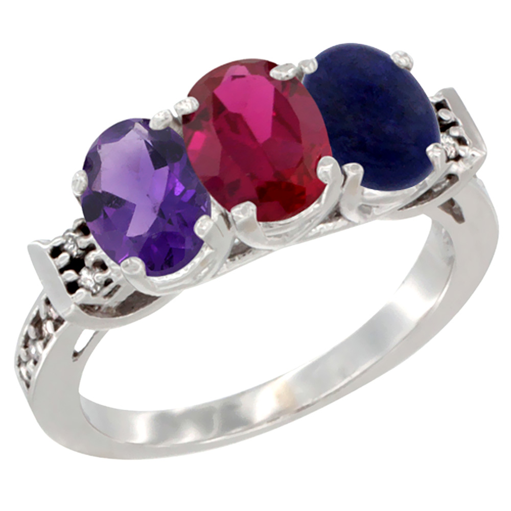 14K White Gold Natural Amethyst, Enhanced Ruby &amp; Natural Lapis Ring 3-Stone 7x5 mm Oval Diamond Accent, sizes 5 - 10