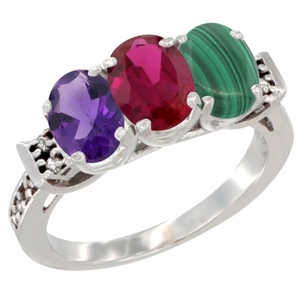 14K White Gold Natural Amethyst, Enhanced Ruby &amp; Natural Malachite Ring 3-Stone 7x5 mm Oval Diamond Accent, sizes 5 - 10