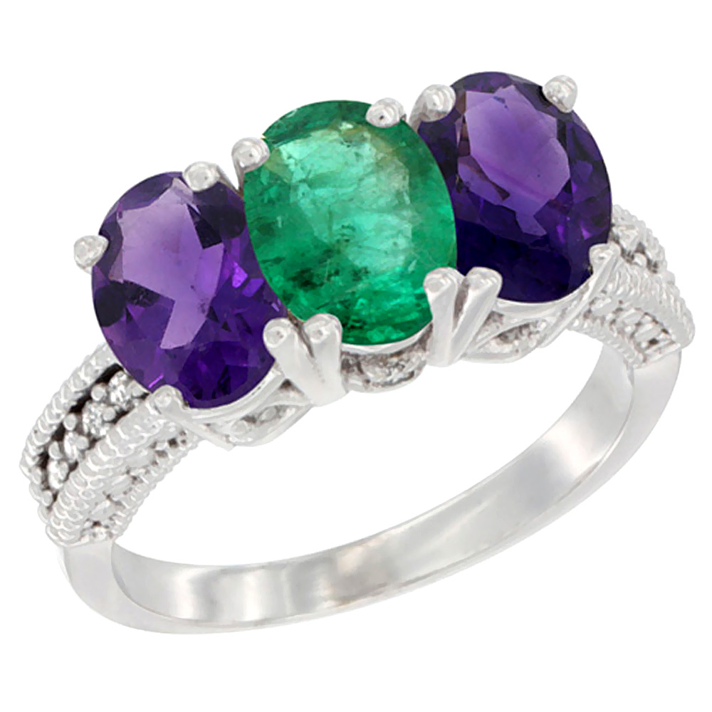 14K White Gold Natural Emerald & Amethyst Ring 3-Stone 7x5 mm Oval Diamond Accent, sizes 5 - 10