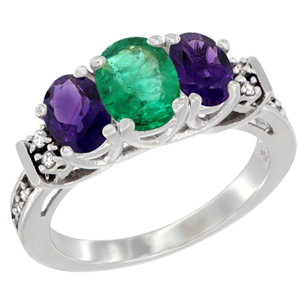 14K White Gold Natural Emerald &amp; Amethyst Ring 3-Stone Oval Diamond Accent, sizes 5-10