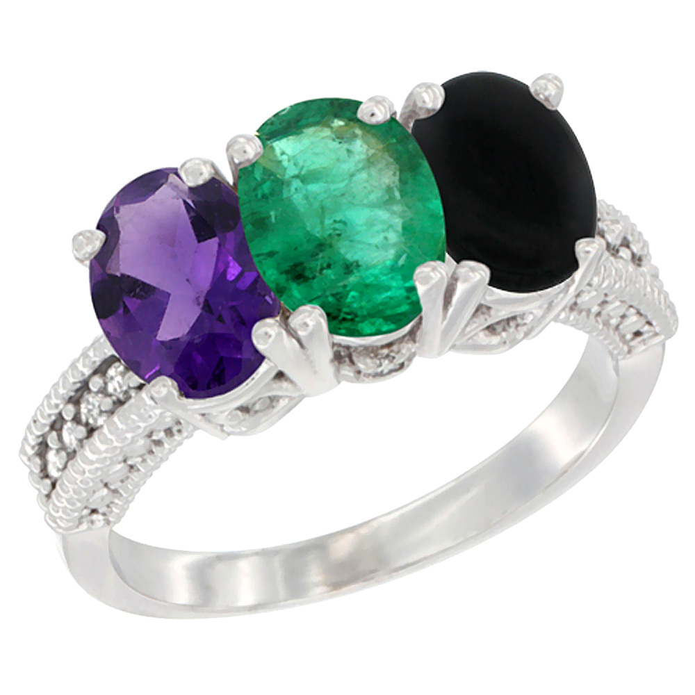 14K White Gold Natural Amethyst, Emerald & Black Onyx Ring 3-Stone 7x5 mm Oval Diamond Accent, sizes 5 - 10