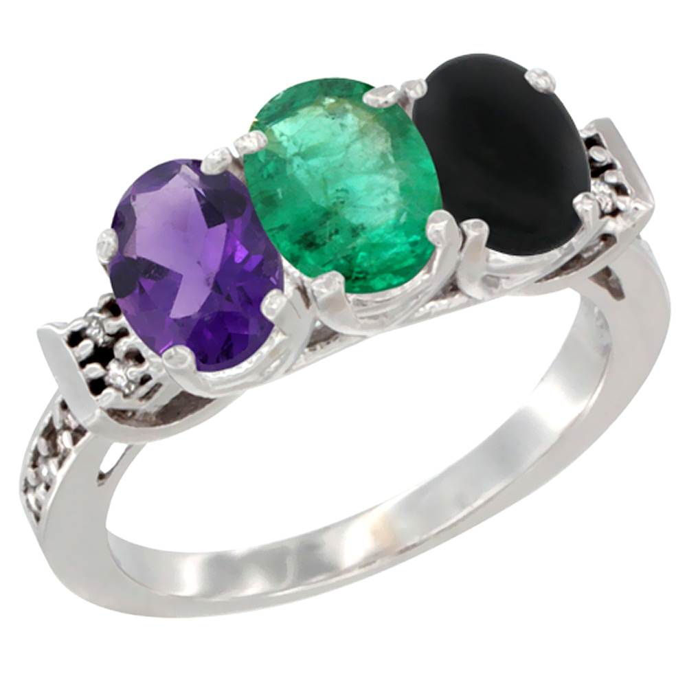 14K White Gold Natural Amethyst, Emerald & Black Onyx Ring 3-Stone 7x5 mm Oval Diamond Accent, sizes 5 - 10