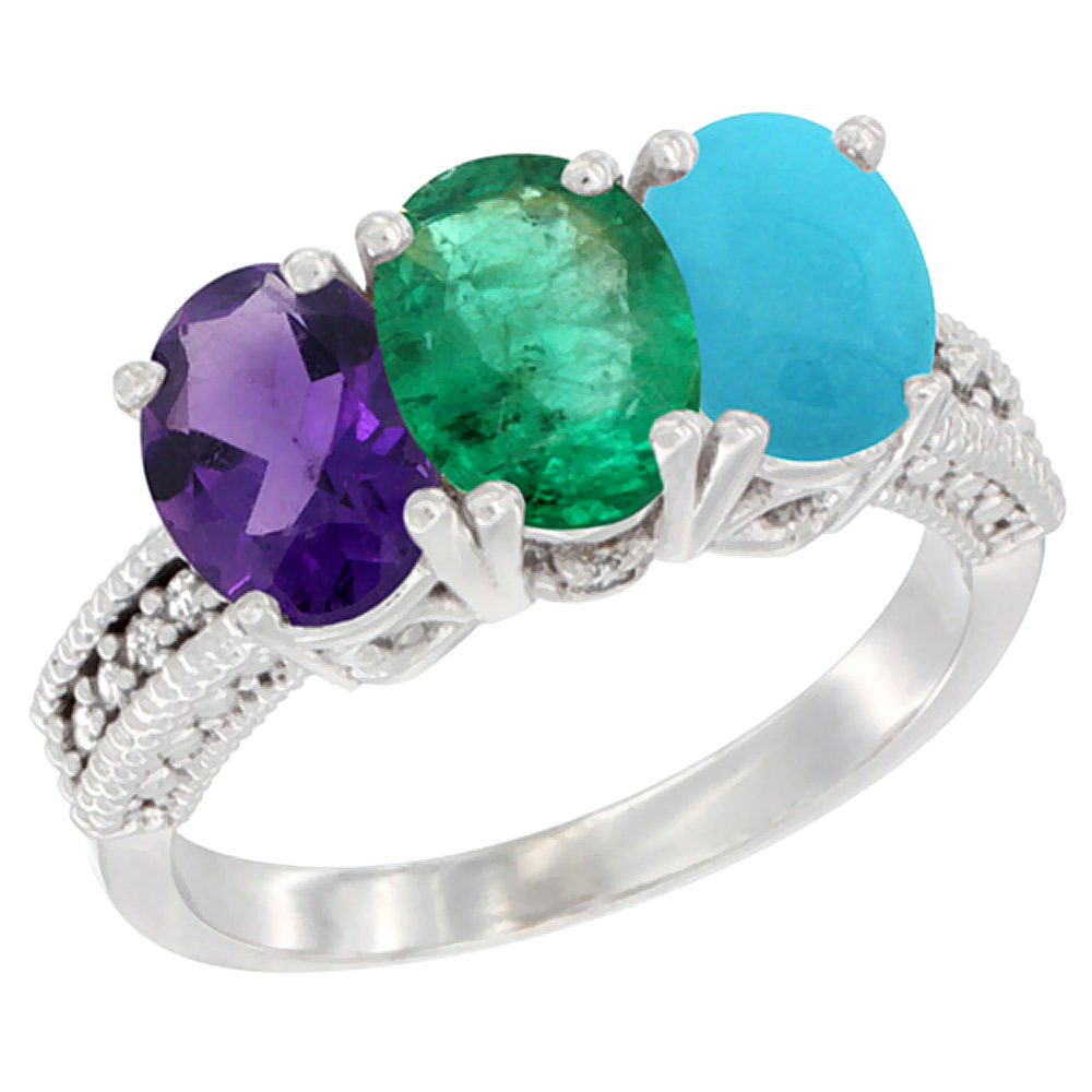 14K White Gold Natural Amethyst, Emerald & Turquoise Ring 3-Stone 7x5 mm Oval Diamond Accent, sizes 5 - 10