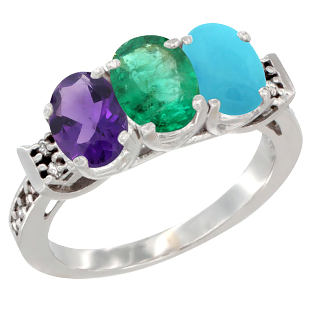 10K White Gold Natural Amethyst, Emerald & Turquoise Ring 3-Stone Oval 7x5 mm Diamond Accent, sizes 5 - 10