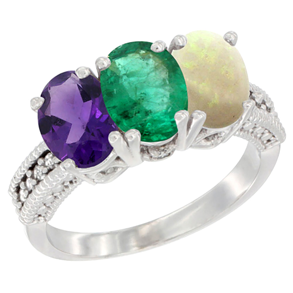 14K White Gold Natural Amethyst, Emerald & Opal Ring 3-Stone 7x5 mm Oval Diamond Accent, sizes 5 - 10