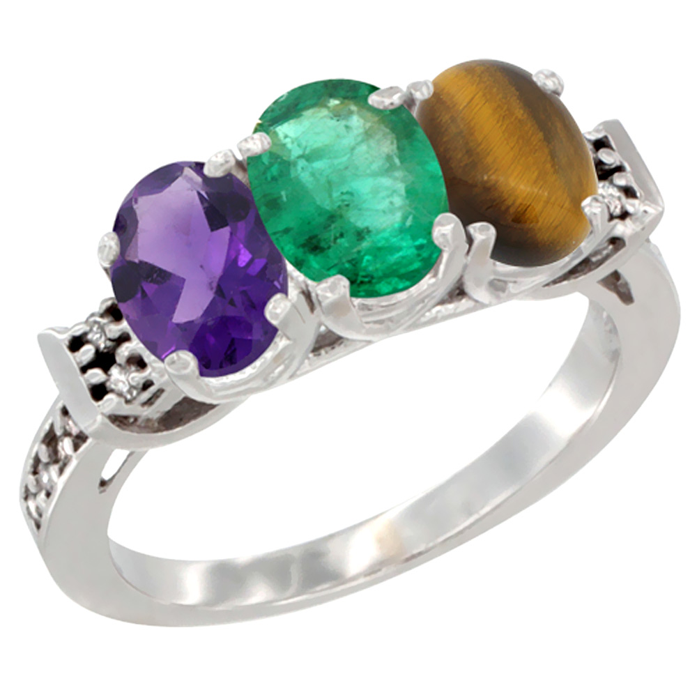 14K White Gold Natural Amethyst, Emerald & Tiger Eye Ring 3-Stone 7x5 mm Oval Diamond Accent, sizes 5 - 10