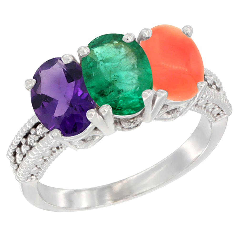 10K White Gold Natural Amethyst, Emerald & Coral Ring 3-Stone Oval 7x5 mm Diamond Accent, sizes 5 - 10