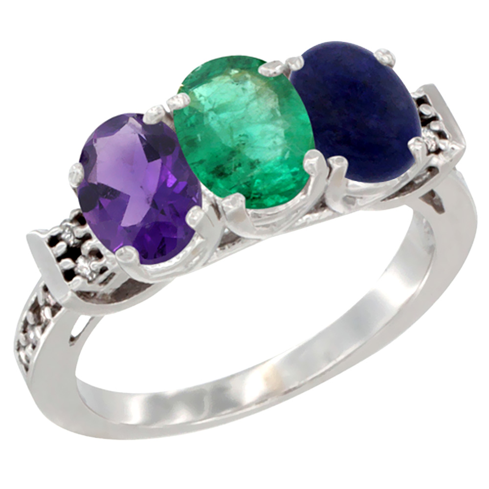14K White Gold Natural Amethyst, Emerald &amp; Lapis Ring 3-Stone 7x5 mm Oval Diamond Accent, sizes 5 - 10