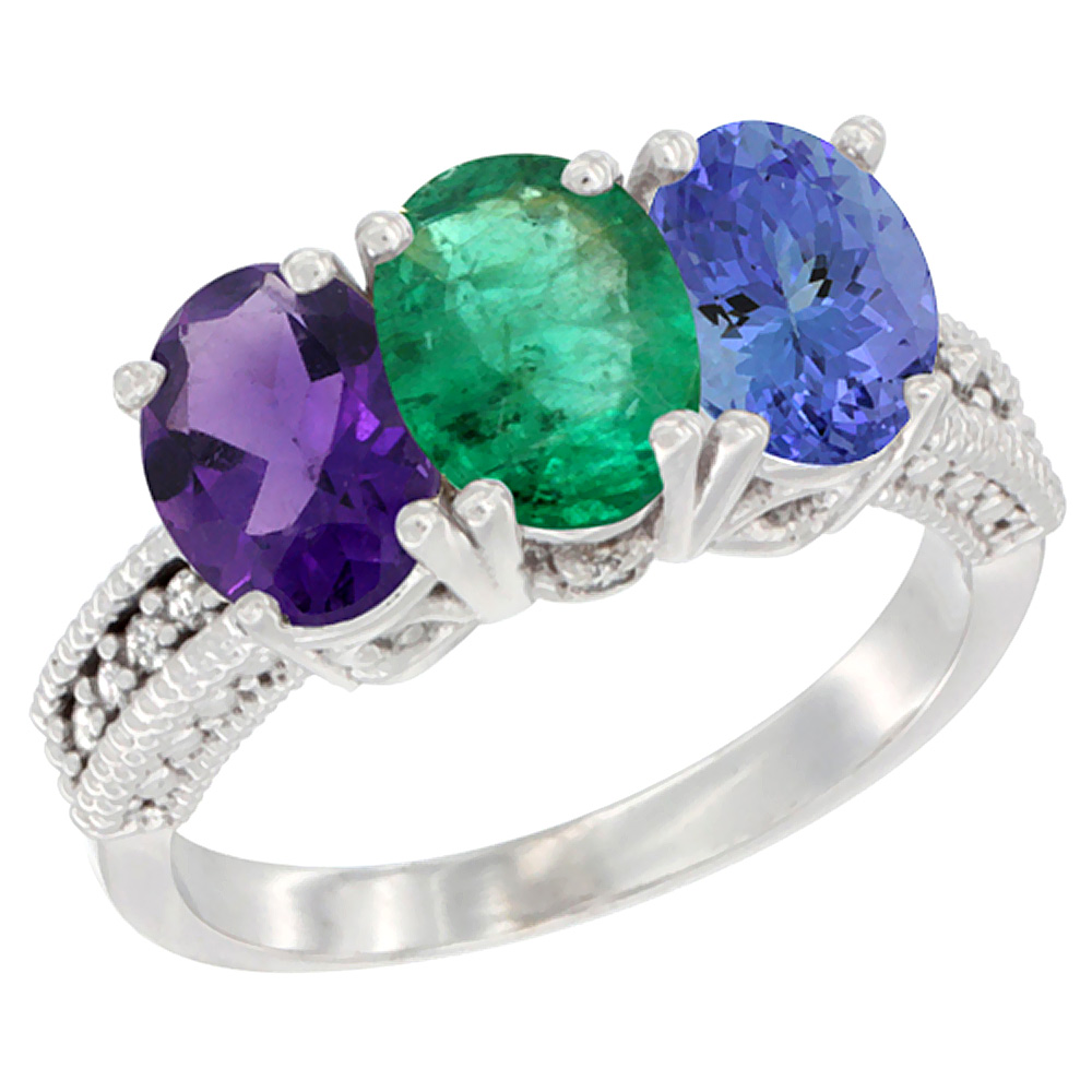 14K White Gold Natural Amethyst, Emerald &amp; Tanzanite Ring 3-Stone 7x5 mm Oval Diamond Accent, sizes 5 - 10
