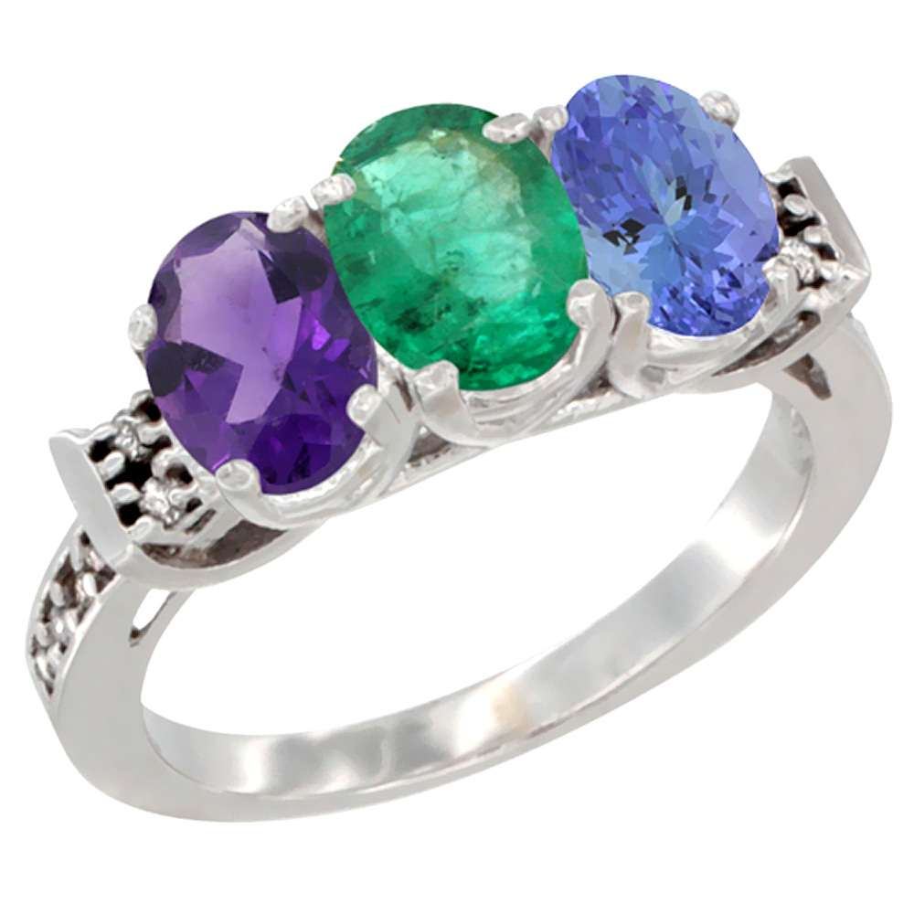 14K White Gold Natural Amethyst, Emerald & Tanzanite Ring 3-Stone 7x5 mm Oval Diamond Accent, sizes 5 - 10