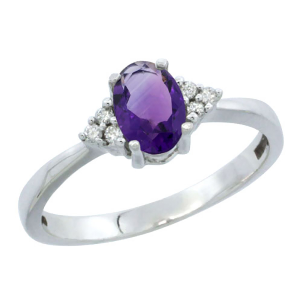 14K White Gold Natural Amethyst Ring Oval 6x4mm Diamond Accent, sizes 5-10