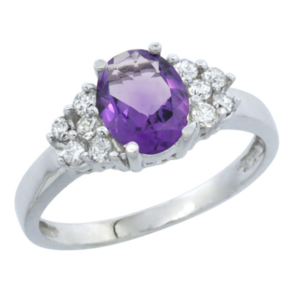 14K White Gold Natural Amethyst Ring Oval 8x6mm Diamond Accent, sizes 5-10
