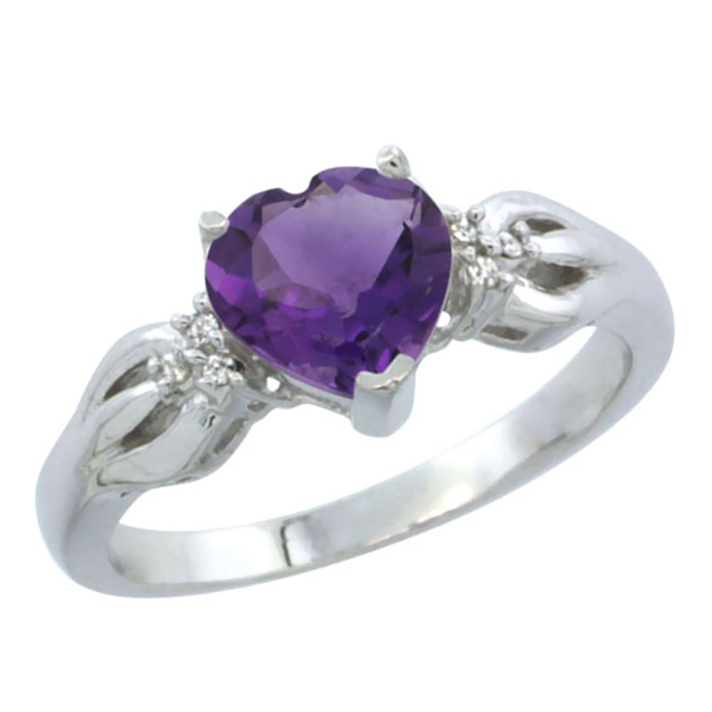 14K White Gold Natural Amethyst Ring Heart-shape 7x7mm Diamond Accent, sizes 5-10