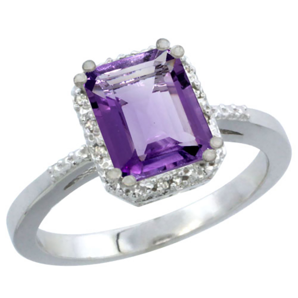 14K White Gold Natural Amethyst Ring Emerald-shape 8x6mm Diamond Accent, sizes 5-10