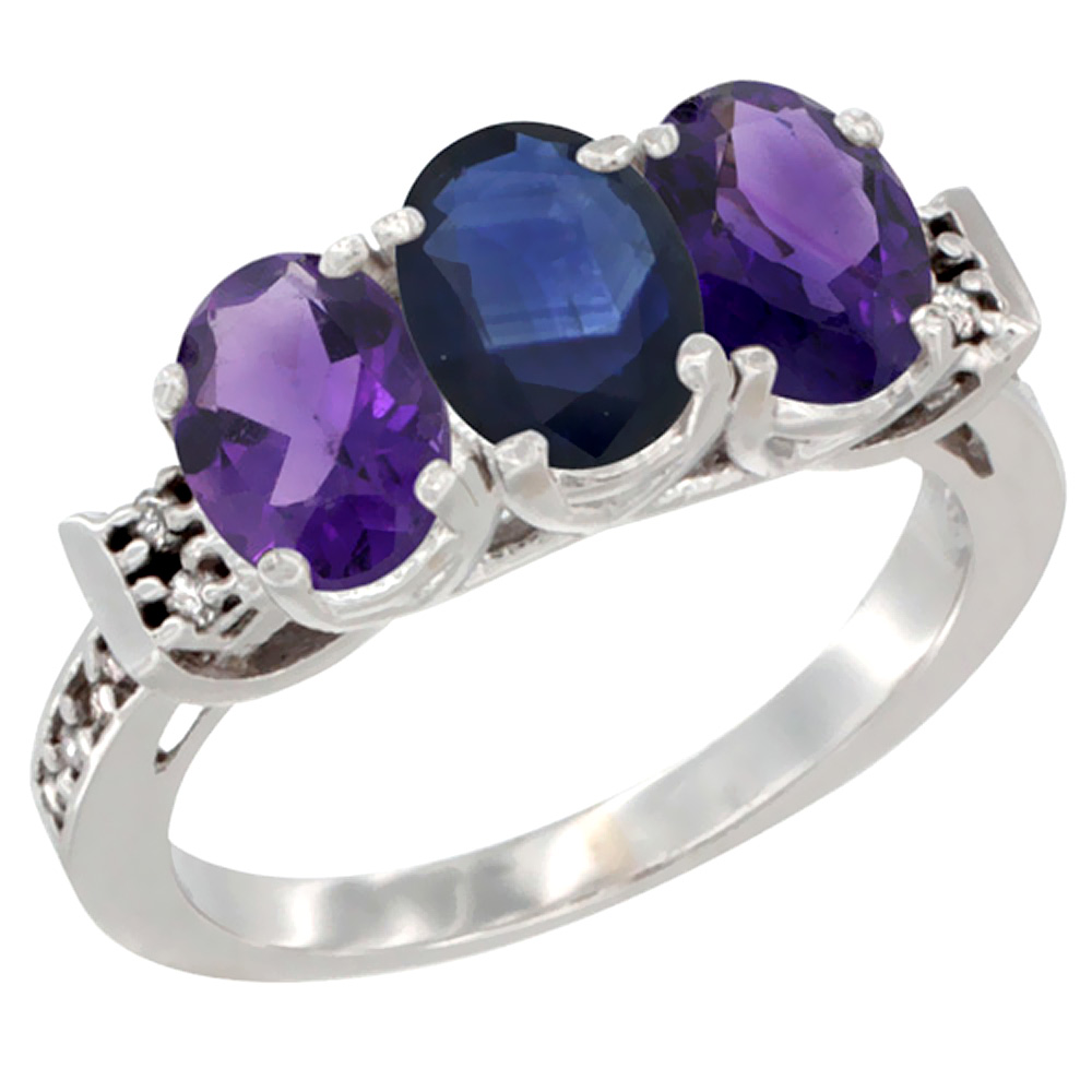 14K White Gold Natural Blue Sapphire & Amethyst Sides Ring 3-Stone 7x5 mm Oval Diamond Accent, sizes 5 - 10