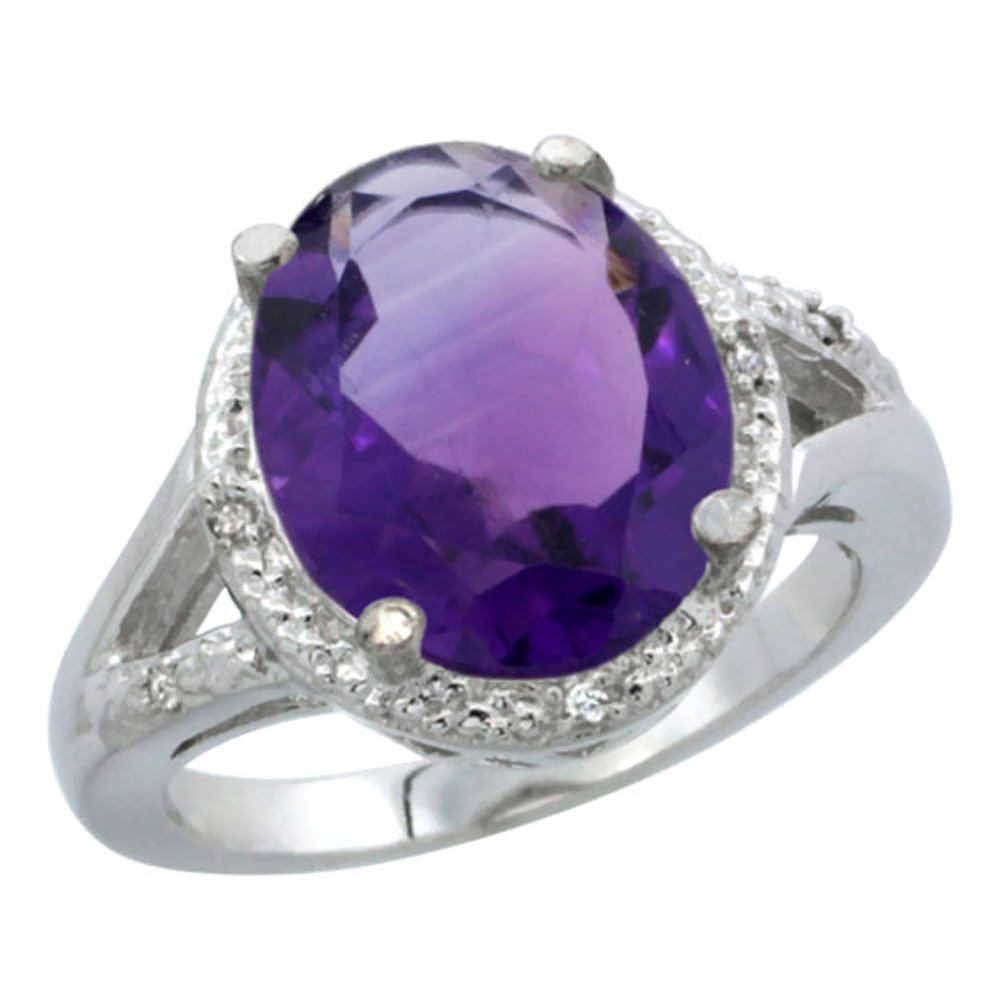 14K White Gold Natural Amethyst Ring Oval 12x10mm Diamond Accent, sizes 5-10