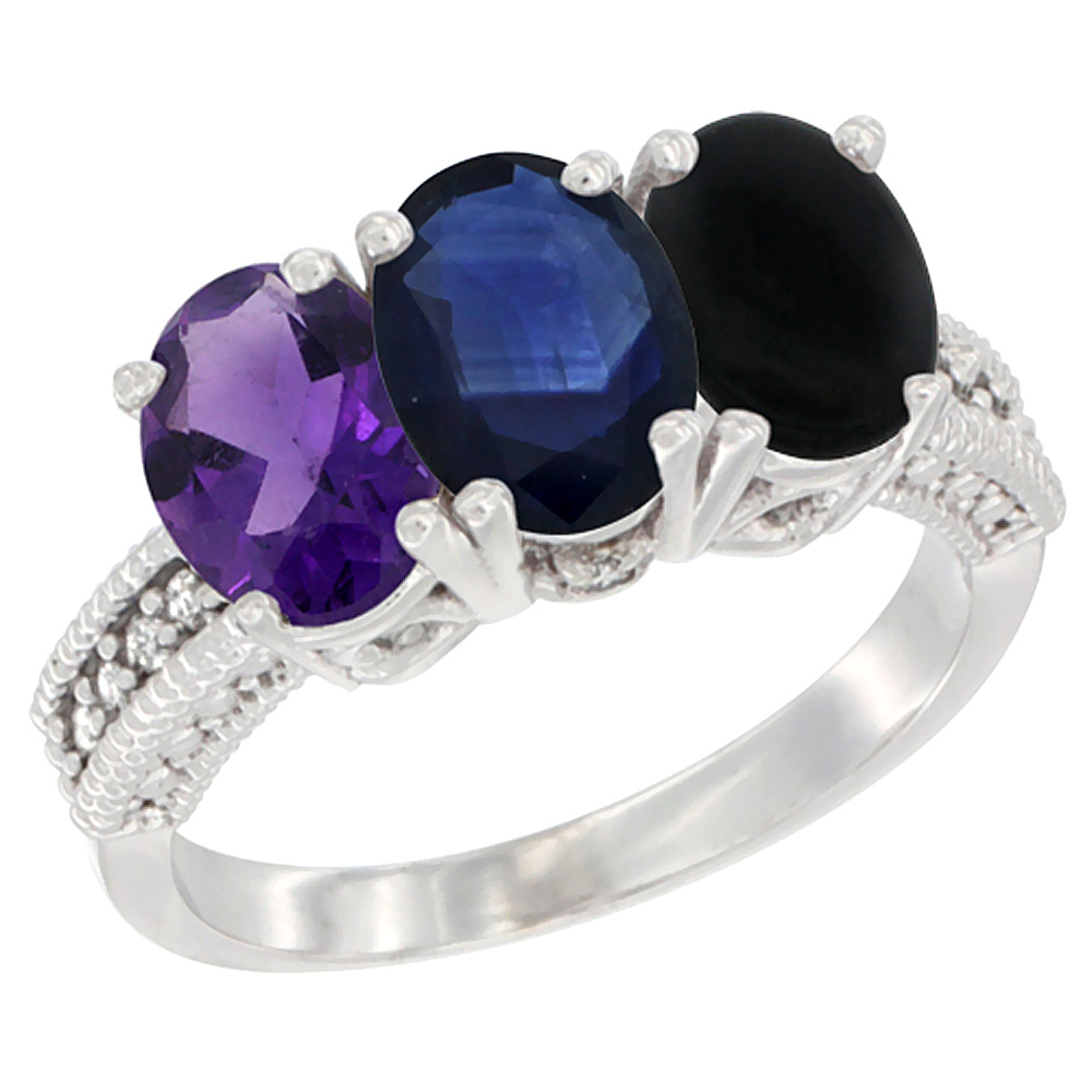 14K White Gold Natural Amethyst, Blue Sapphire & Black Onyx Ring 3-Stone 7x5 mm Oval Diamond Accent, sizes 5 - 10