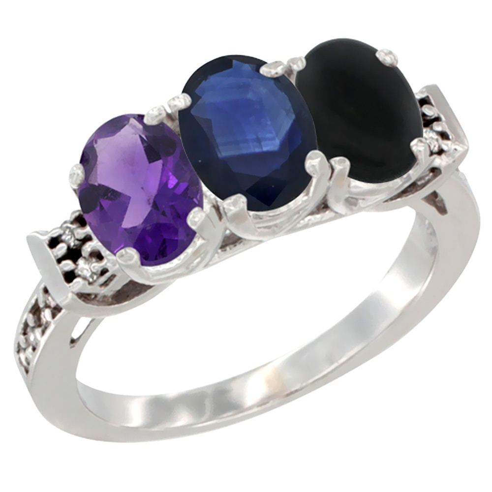 14K White Gold Natural Amethyst, Blue Sapphire &amp; Black Onyx Ring 3-Stone 7x5 mm Oval Diamond Accent, sizes 5 - 10