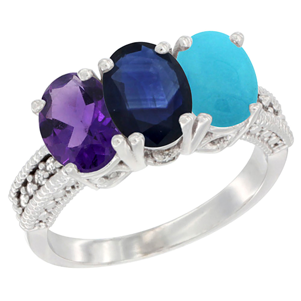 14K White Gold Natural Amethyst, Blue Sapphire & Turquoise Ring 3-Stone 7x5 mm Oval Diamond Accent, sizes 5 - 10