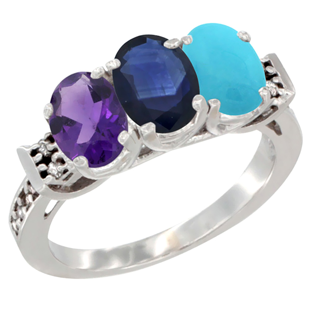 14K White Gold Natural Amethyst, Blue Sapphire & Turquoise Ring 3-Stone 7x5 mm Oval Diamond Accent, sizes 5 - 10