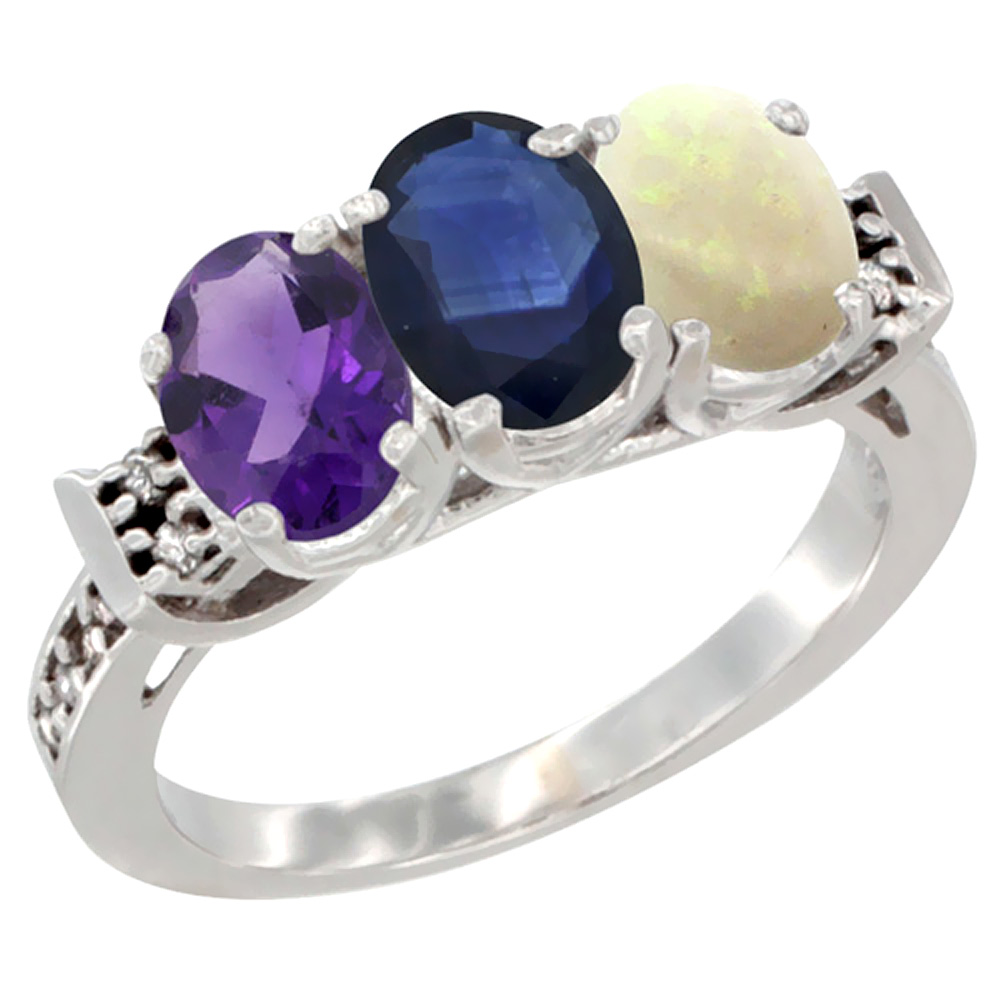 14K White Gold Natural Amethyst, Blue Sapphire &amp; Opal Ring 3-Stone 7x5 mm Oval Diamond Accent, sizes 5 - 10