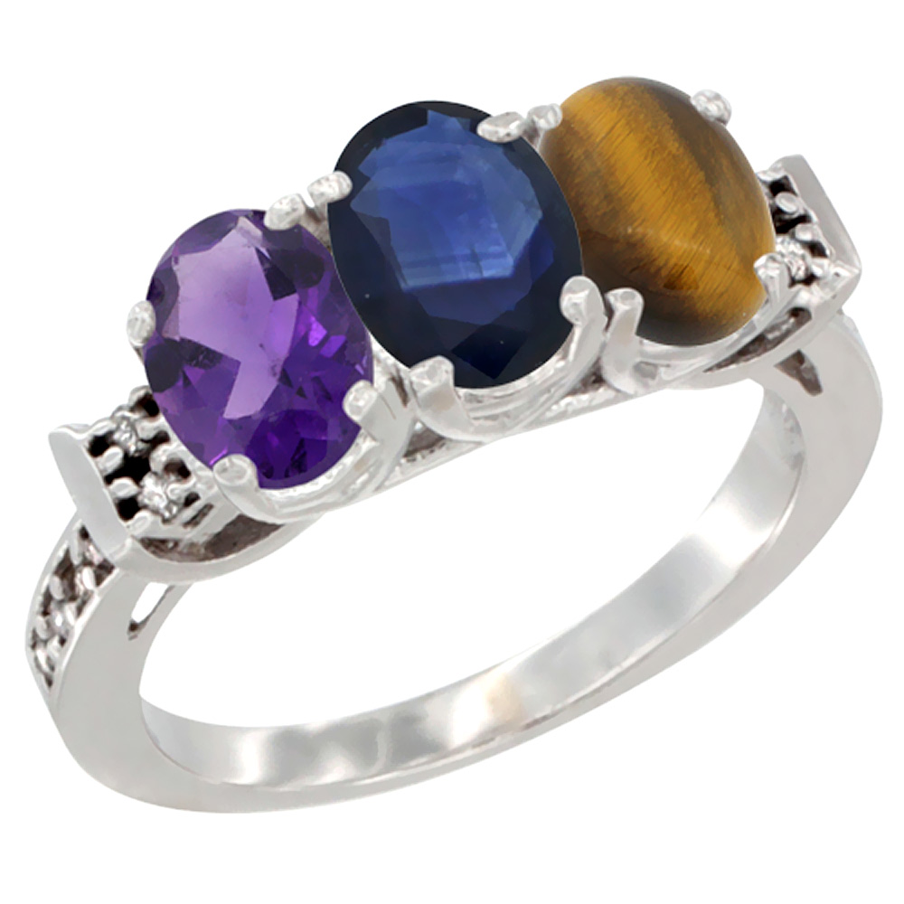 10K White Gold Natural Amethyst, Blue Sapphire &amp; Tiger Eye Ring 3-Stone Oval 7x5 mm Diamond Accent, sizes 5 - 10
