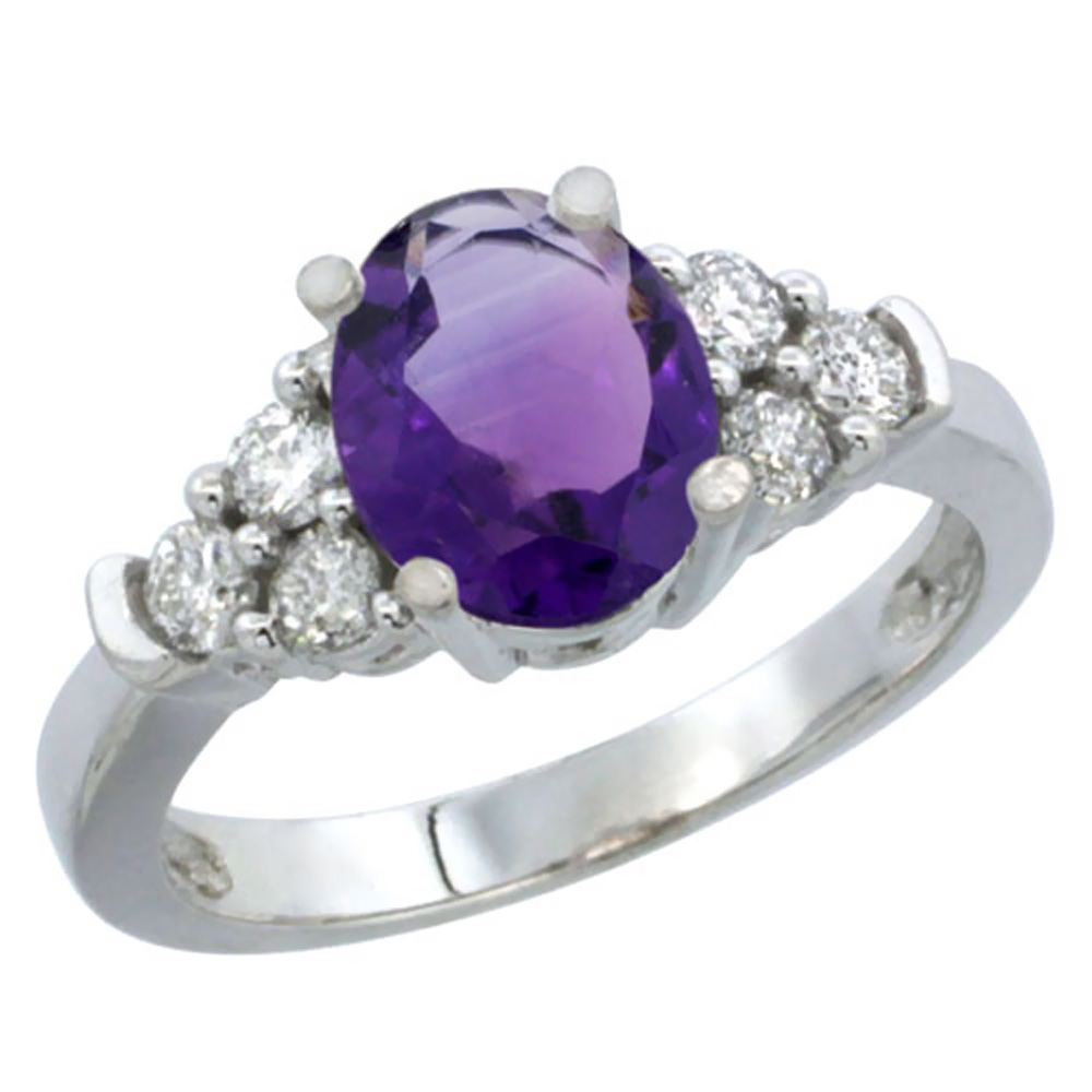 14K White Gold Natural Amethyst Ring Oval 9x7mm Diamond Accent, sizes 5-10