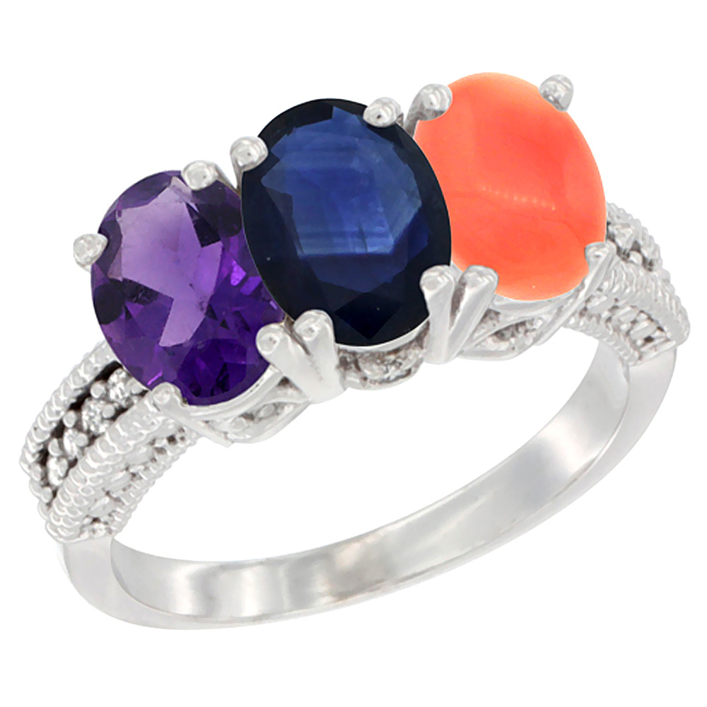 10K White Gold Natural Amethyst, Blue Sapphire &amp; Coral Ring 3-Stone Oval 7x5 mm Diamond Accent, sizes 5 - 10