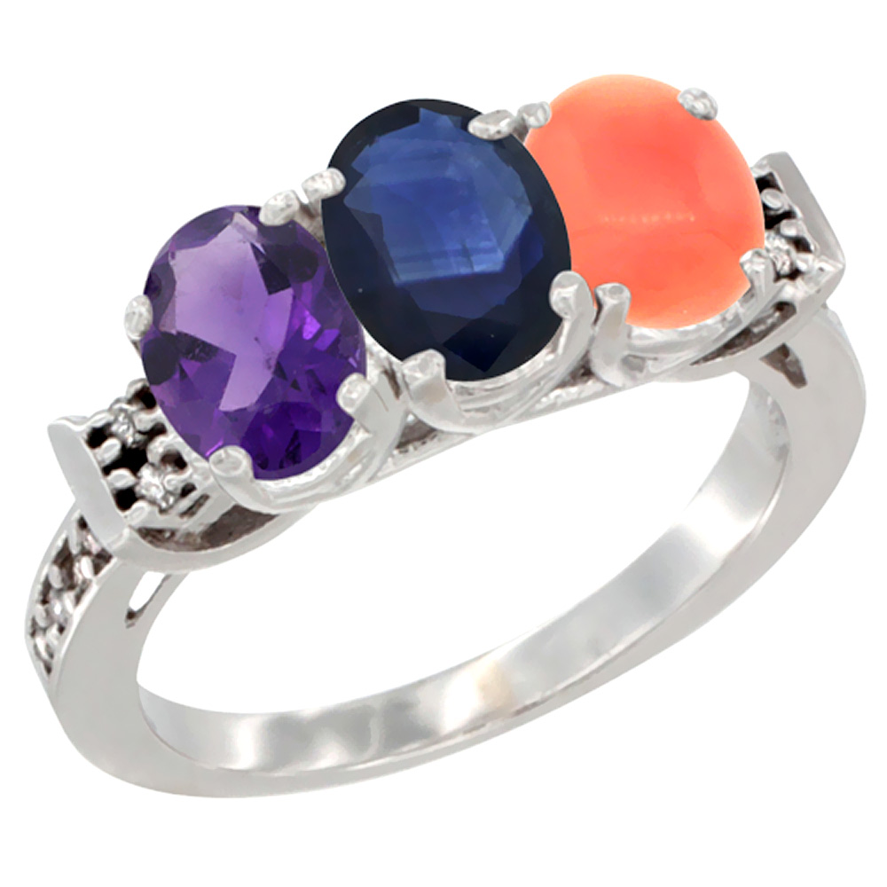 10K White Gold Natural Amethyst, Blue Sapphire & Coral Ring 3-Stone Oval 7x5 mm Diamond Accent, sizes 5 - 10