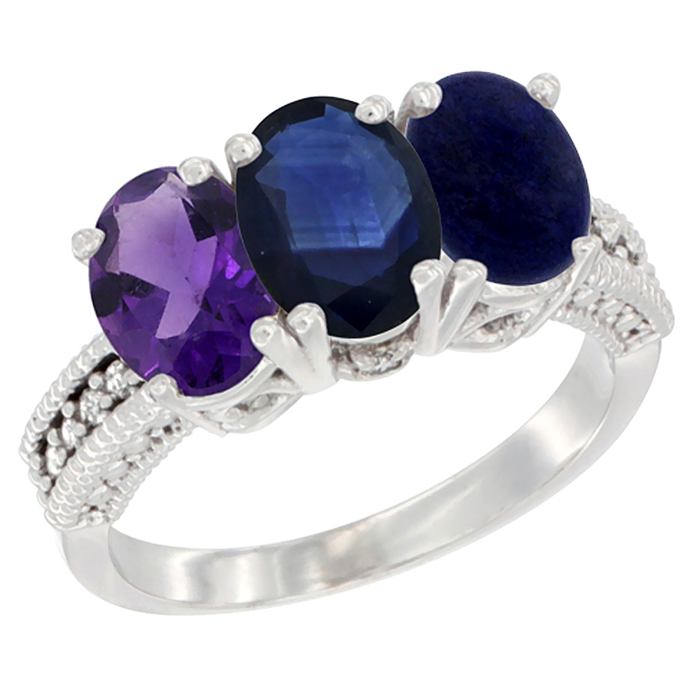 14K White Gold Natural Amethyst, Blue Sapphire & Lapis Ring 3-Stone 7x5 mm Oval Diamond Accent, sizes 5 - 10