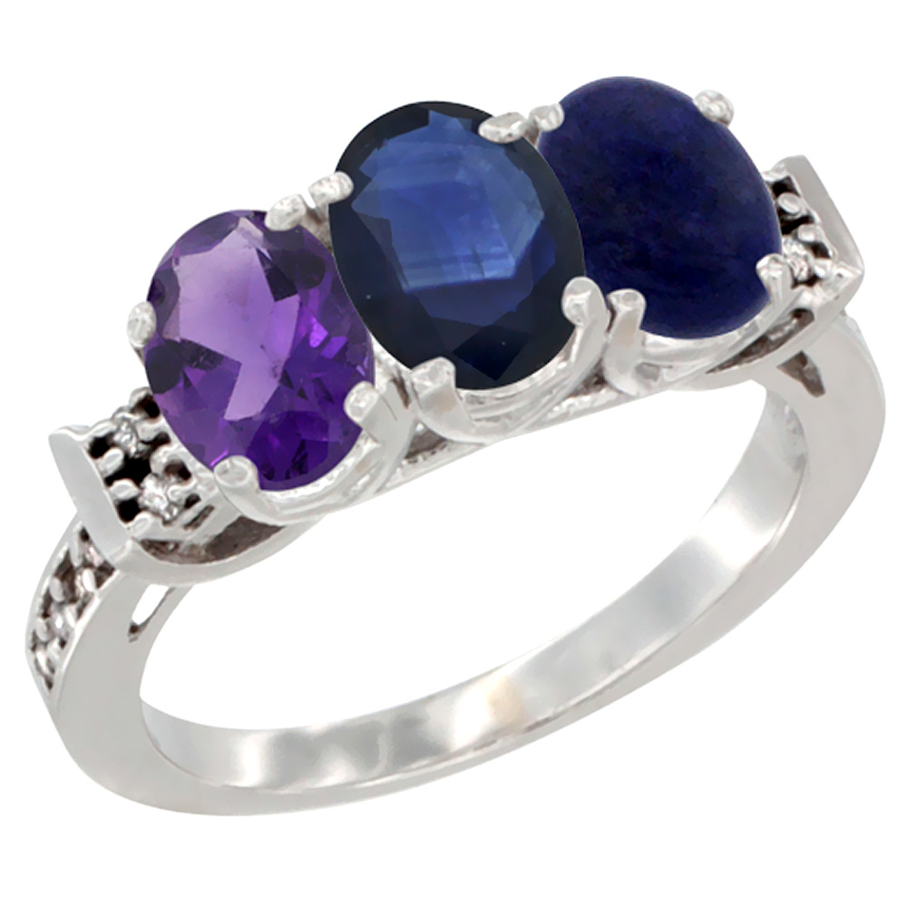 14K White Gold Natural Amethyst, Blue Sapphire &amp; Lapis Ring 3-Stone 7x5 mm Oval Diamond Accent, sizes 5 - 10