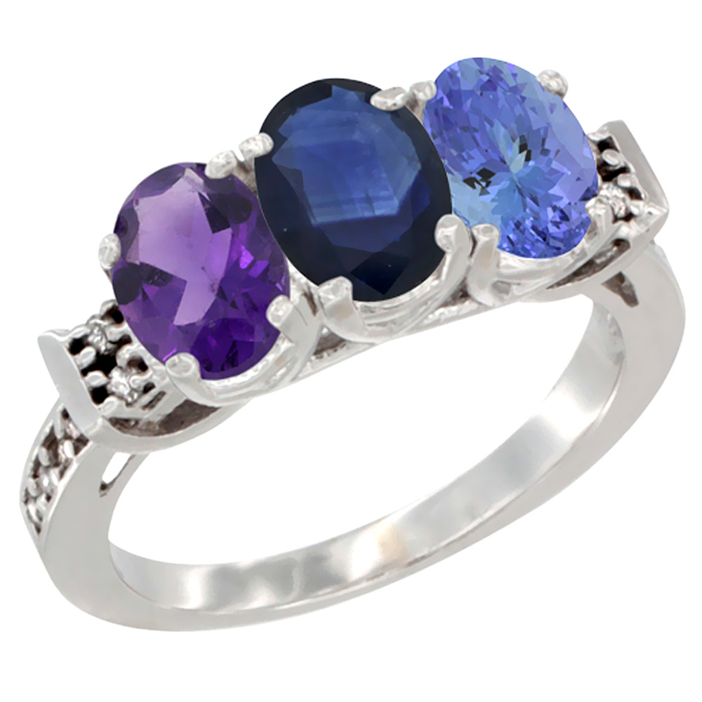 10K White Gold Natural Amethyst, Blue Sapphire & Tanzanite Ring 3-Stone Oval 7x5 mm Diamond Accent, sizes 5 - 10