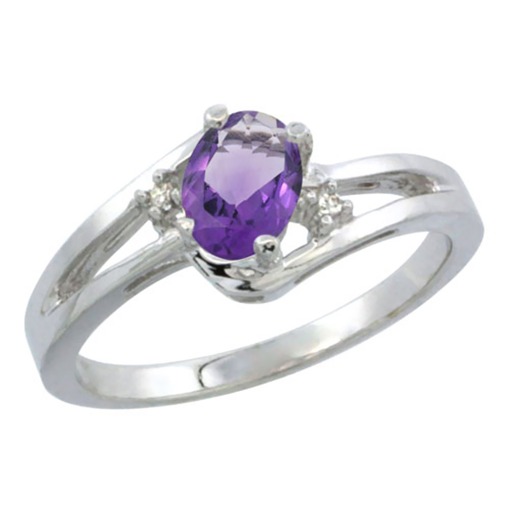 14K White Gold Diamond Natural Amethyst Ring Oval 6x4 mm, sizes 5-10