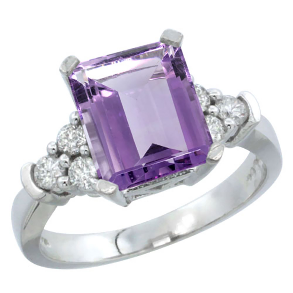 14K White Gold Natural Amethyst Ring Octagon 9x7mm Diamond Accent, sizes 5-10