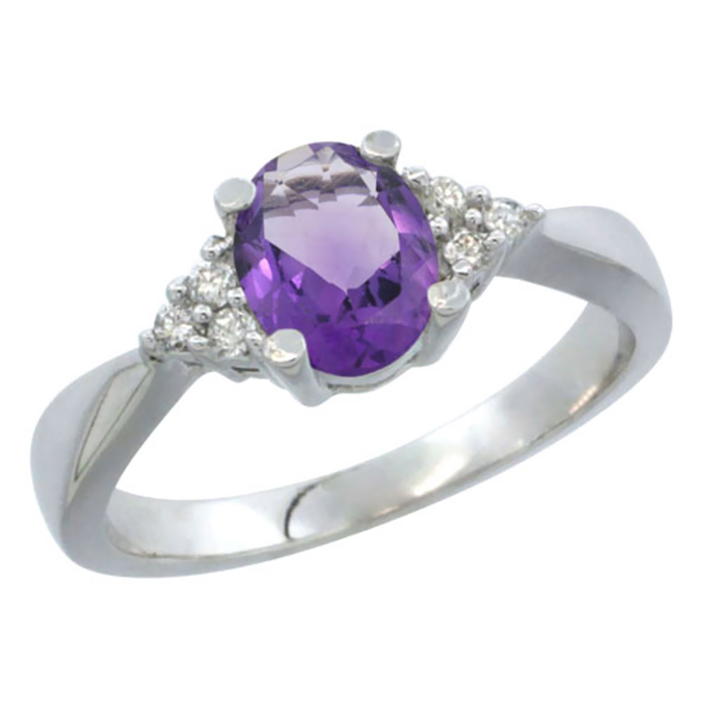 14K White Gold Diamond Natural Amethyst Engagement Ring Oval 7x5mm, sizes 5-10